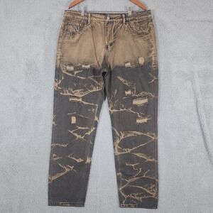 Men's Acid Wash Distressed Denim Jeans Two Tone Bleached Straight Leg 37x29.5
